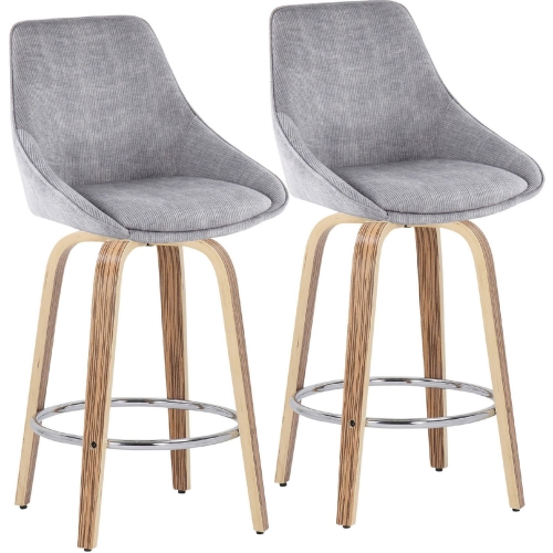 Diana 26" Counter Stool in Grey Corduroy Fabric, Zebra Wood & Chrome (Set of 2)